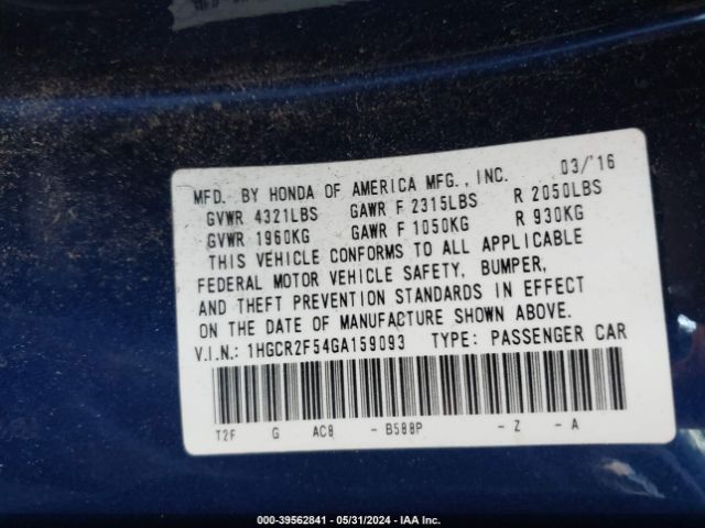 1HGCR2F54GA159093 Honda Accord Sport