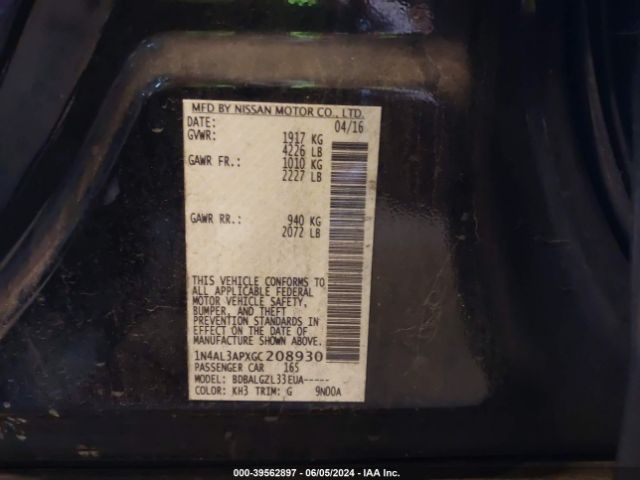 1N4AL3APXGC208930 Nissan Altima 2.5/2.5 S/2.5 Sl/2.5 Sr/2.5 Sv
