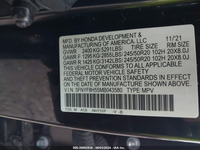 Honda Passport Awd Ex-l 2021 5FNYF8H55MB043580 Image 9