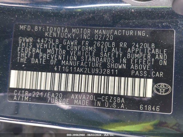 Toyota CAMRY SE 2020 4T1G11AK2LU932811 Image 9