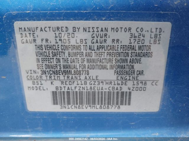 3N1CN8EV9ML808778 Nissan Versa Sv Xtronic Cvt