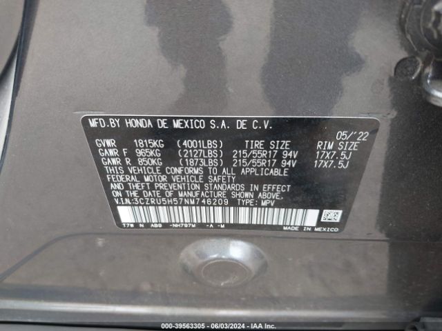 3CZRU5H57NM746209 Honda Hr-v 2wd Ex
