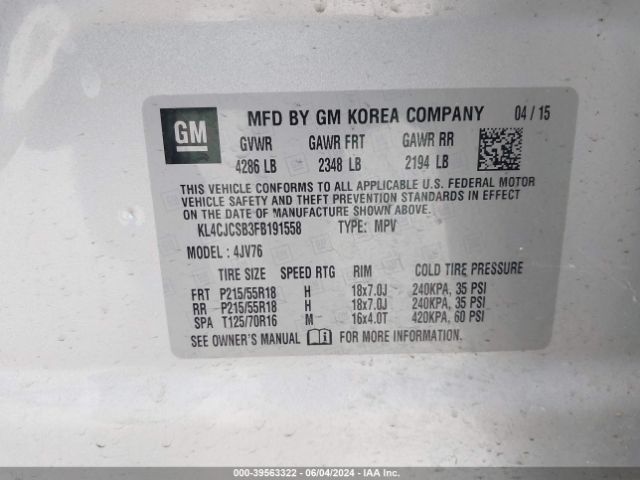 KL4CJCSB3FB191558 Buick Encore Leather