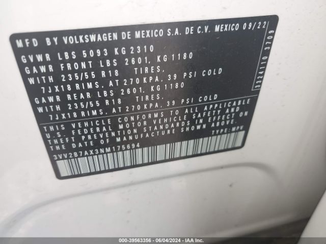 3VV2B7AX3NM175694 Volkswagen Tiguan 2.0t Se