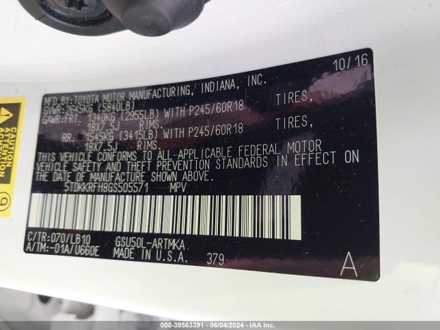 Toyota Highlander Xle V6 2016 5TDKKRFH8GS505571 Image 9