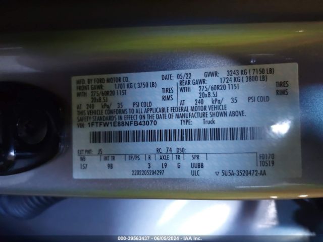 1FTFW1E88NFB43070 Ford F-150 Platinum