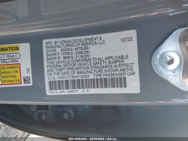 1HGCV1F36NA123424 Honda Accord Sport