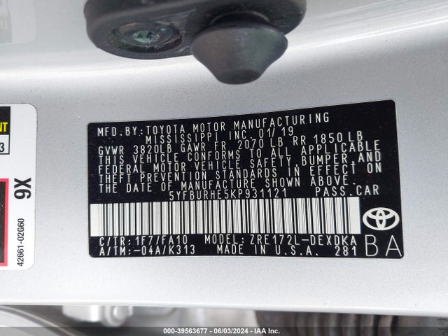 Toyota COROLLA L 2019 5YFBURHE5KP931121 Image 9