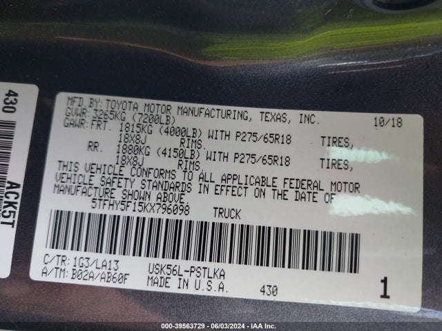 5TFHY5F15KX796098 Toyota Tundra Limited 5.7l V8