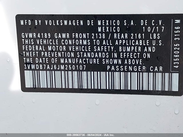 3VWDB7AJ6JM250107 Volkswagen Jetta 1.4t Se/1.4t Wolfsburg Edition