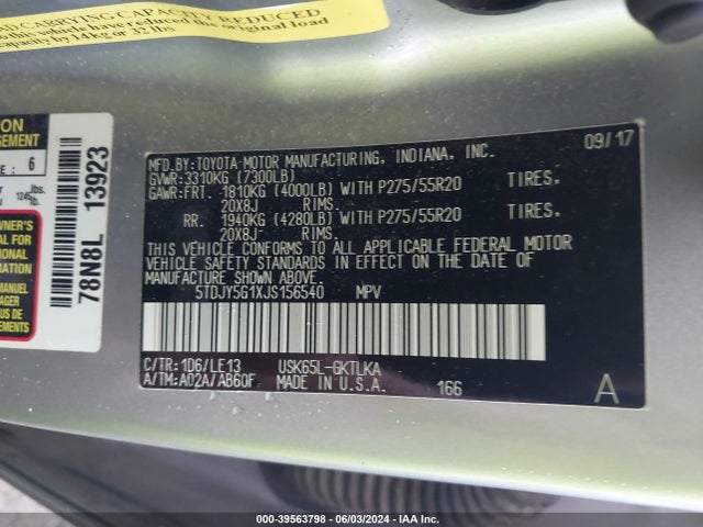Toyota Sequoia Limited 2018 5TDJY5G1XJS156540 Image 9