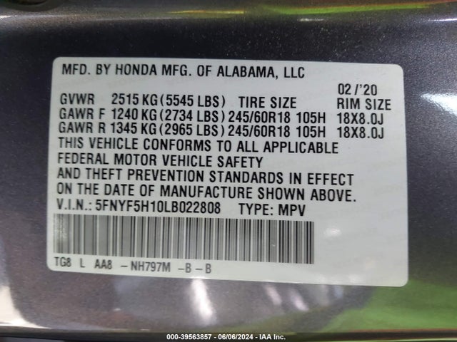Honda Pilot 2wd Lx 2020 5FNYF5H10LB022808 Image 9