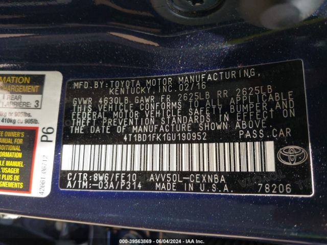 4T1BD1FK1GU190952 Toyota Camry Hybrid Le