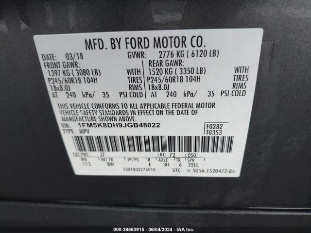 Ford EXPLORER XLT 2018 1FM5K8DH9JGB48022 Image 9