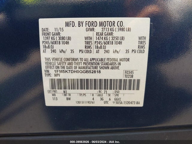Ford EXPLORER XLT 2016 1FM5K7DH0GGB52818 Image 9
