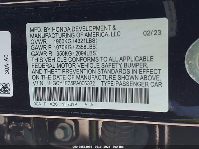 Honda ACCORD EX 2023 1HGCY1F35PA006332 Image 9