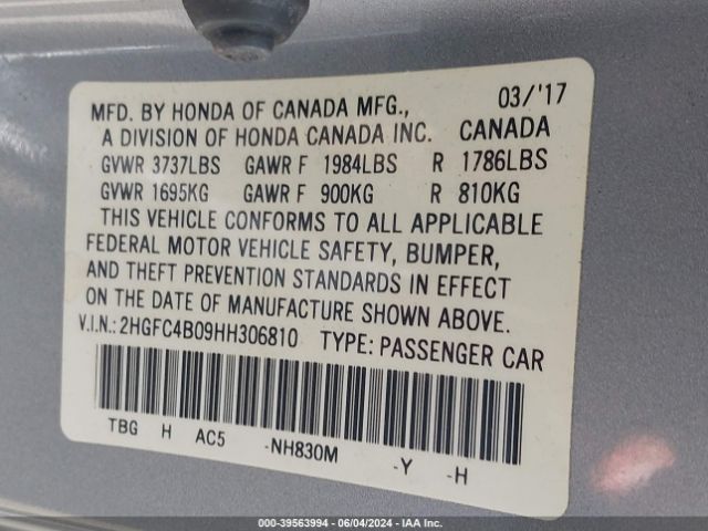 2HGFC4B09HH306810 Honda Civic Lx-p