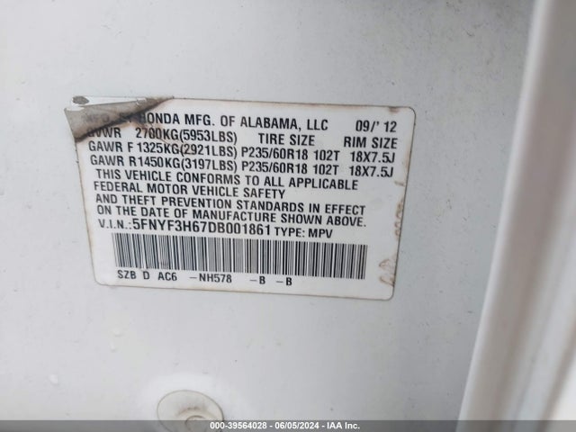 2013 Honda Pilot Ex-l მანქანა იყიდება აუქციონზე, vin: 5FNYF3H67DB001861, აუქციონის ნომერი: 39564028