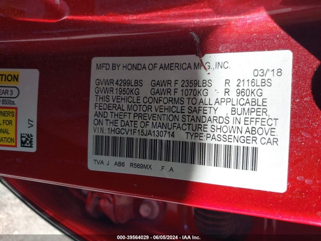 Honda ACCORD LX 2018 1HGCV1F15JA130714 Image 9