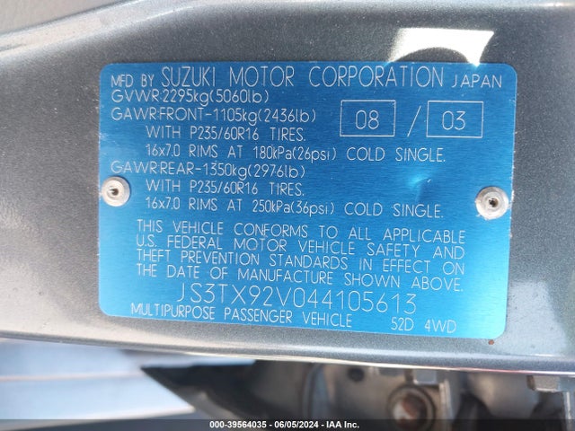 2004 Suzuki Xl-7 Ex/lx მანქანა იყიდება აუქციონზე, vin: JS3TX92V044105613, აუქციონის ნომერი: 39564035