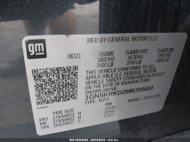 1GNSKRKD2MR395668 Chevrolet Tahoe 4wd Rst