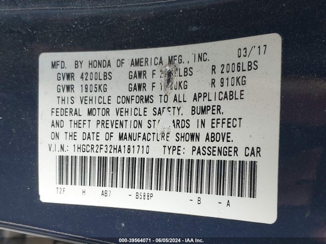 Honda ACCORD LX 2017 1HGCR2F32HA181710 Image 9