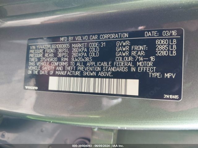 YV4A22PL6G1080805 Volvo Xc90 T6 Inscription