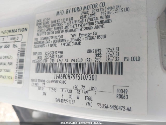 Ford FUSION SE 2015 1FA6P0H79F5107301 Image 9
