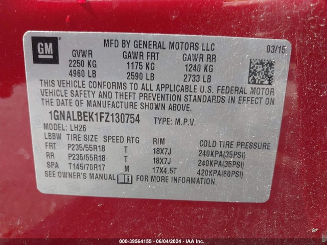 Chevrolet EQUINOX 1LT 2015 1GNALBEK1FZ130754 Image 9