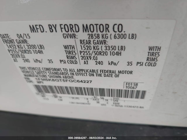 39564287 :رقم المزاد ، 1FM5K8GT5FGC64227 vin ، 2015 Ford Explorer Sport مزاد بيع