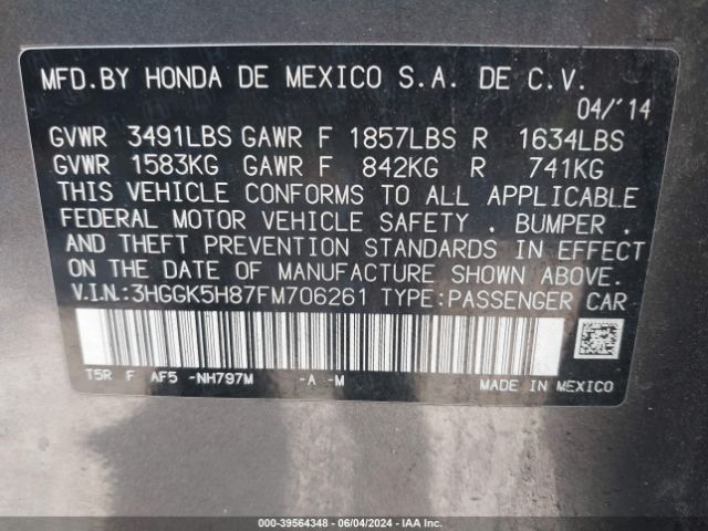 3HGGK5H87FM706261 Honda Fit Ex/ex-l