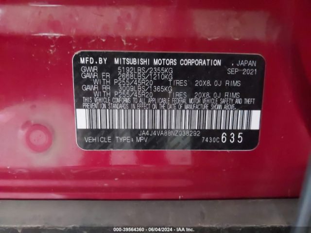 JA4J4VA88NZ038292 Mitsubishi Outlander Sel 2.5 S-awc