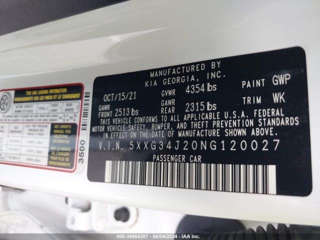 5XXG34J20NG120027 KIA K5 EX