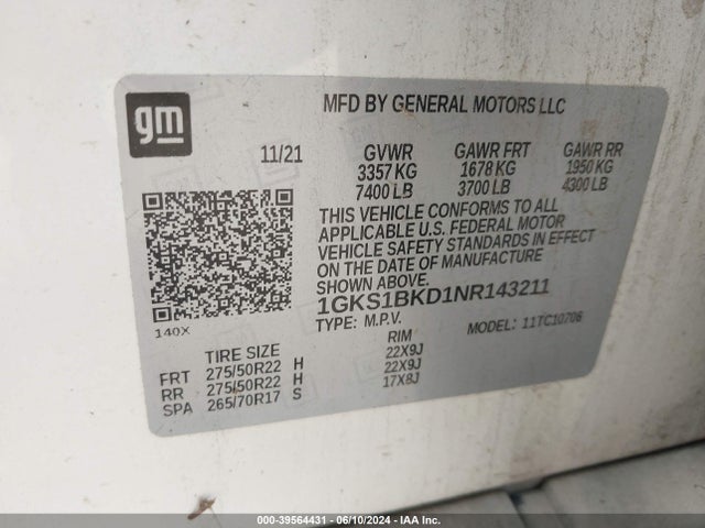 1GKS1BKD1NR143211 GMC Yukon 2wd Slt