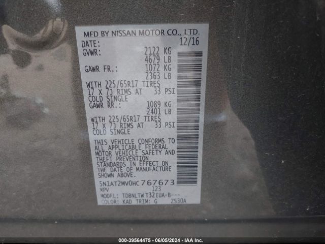 5N1AT2MV0HC767673 Nissan ROGUE SV