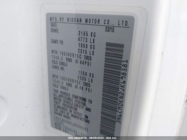 3N6CM0KN2JK698581 Nissan NV200 SV