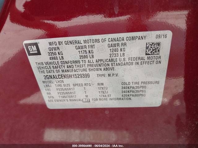 Chevrolet EQUINOX LT 2017 2GNALCEK6H1529399 Image 9