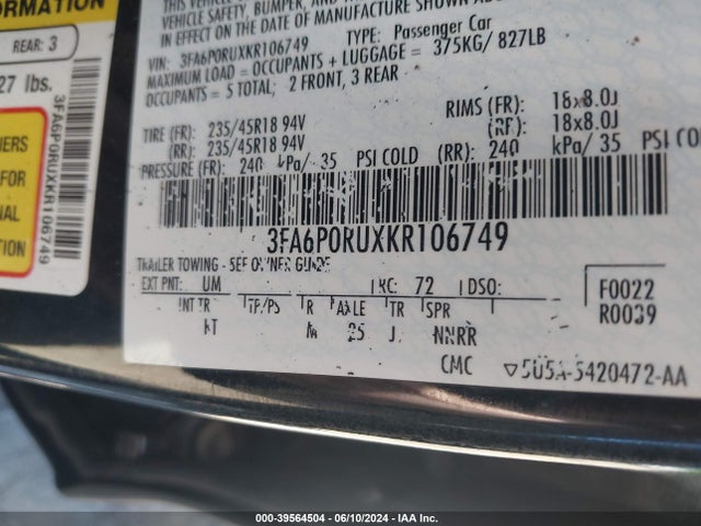 Ford Fusion Hybrid Titanium 2019 3FA6P0RUXKR106749 Image 9