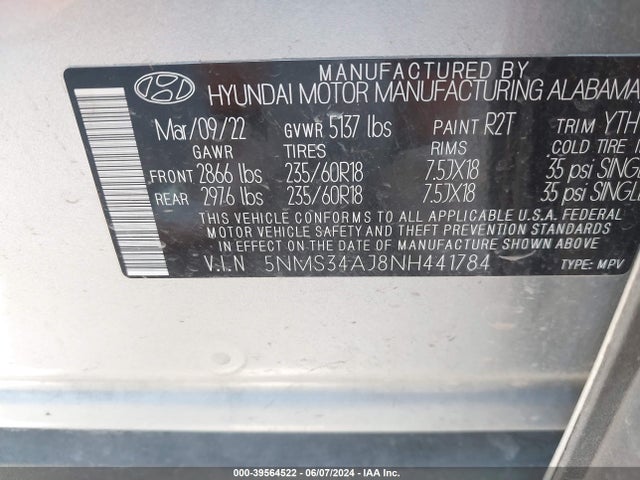Hyundai Santa Fe Sel 2022 5NMS34AJ8NH441784 Image 9