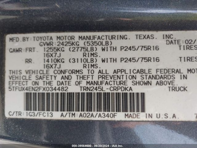 5TFUX4EN2FX034482 Toyota Tacoma