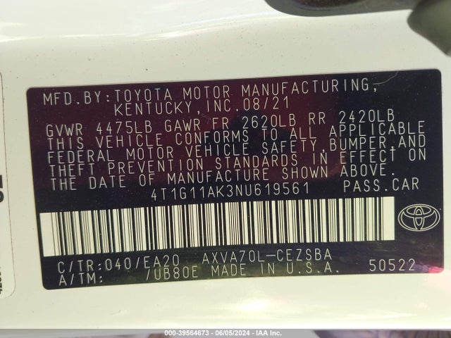 Toyota CAMRY SE 2022 4T1G11AK3NU619561 Image 9