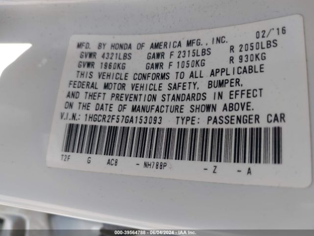 1HGCR2F57GA153093 Honda Accord Sport