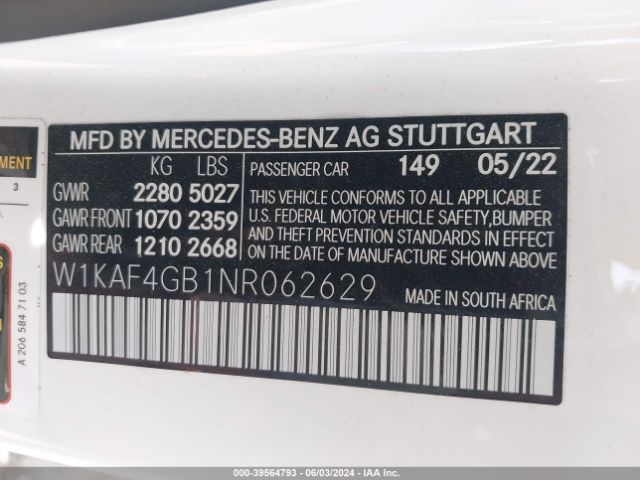 W1KAF4GB1NR062629 Mercedes-Benz C 300 Sedan