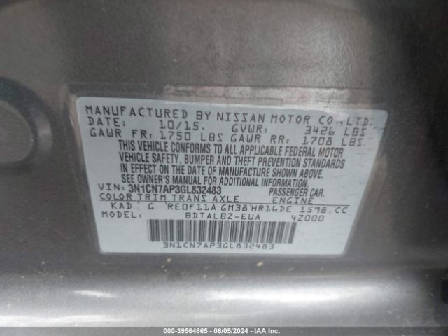 3N1CN7AP3GL832483 Nissan Versa 1.6 S/1.6 S+/1.6 Sl/1.6 Sv