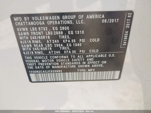 1V2DR2CA2JC520982 Volkswagen Atlas