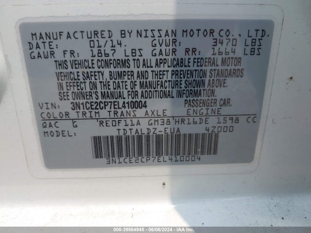 Nissan Versa Note S (sr)/s Plus/sv 2014 3N1CE2CP7EL410004 Image 9