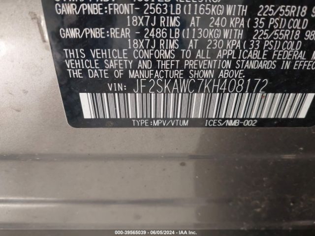 JF2SKAWC7KH408172 Subaru Forester Touring
