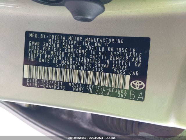 Toyota COROLLA LE 2017 5YFBURHE7HP719135 Image 9