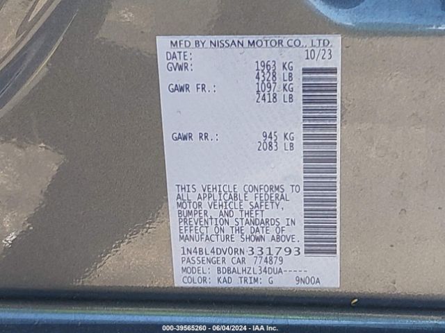 1N4BL4DV0RN331793 Nissan Altima Sv Fwd
