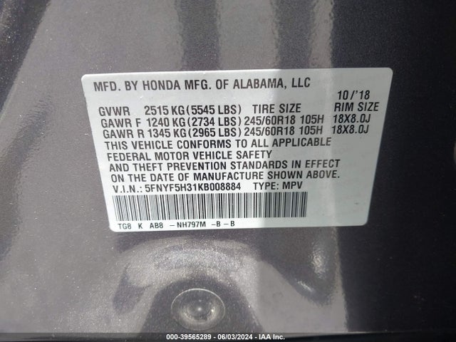 Honda Pilot Ex 2019 5FNYF5H31KB008884 Image 9